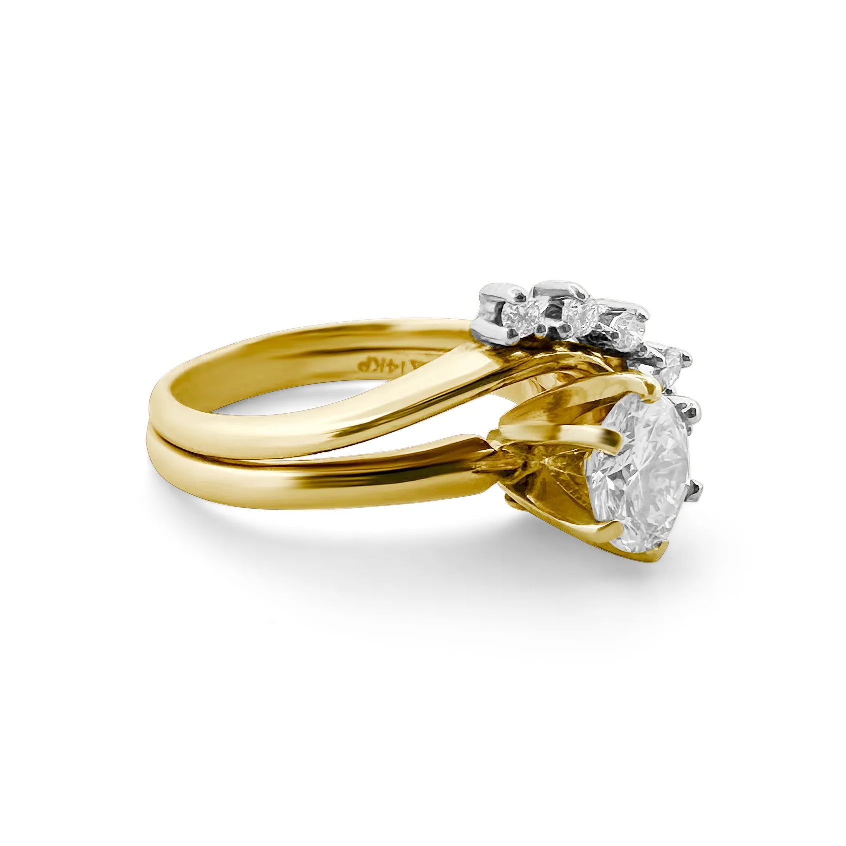 0.75 Carat Center Round Brilliant Diamond 14k Yellow Gold Wedding Set Ring