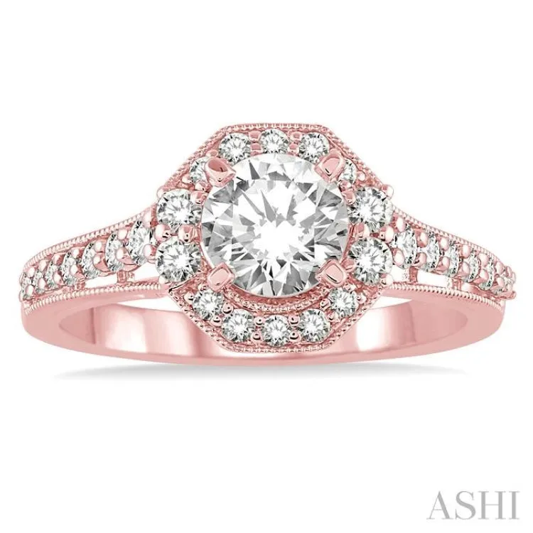 1 Ctw Diamond Engagement Ring with 1/2 Ct Round Cut Center Stone in 14K Rose Gold