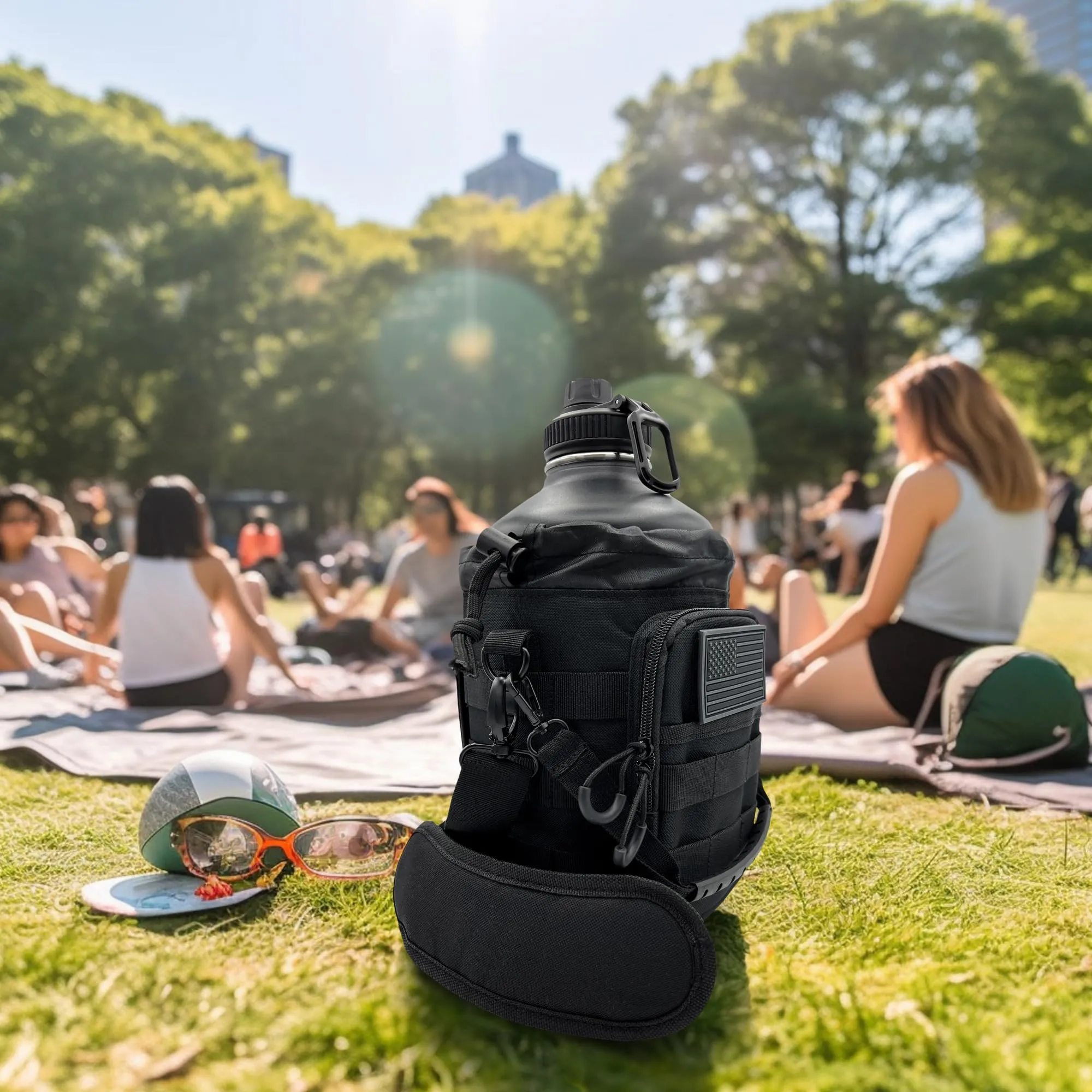 1 Gallon Water Bottle Insulated - 128 Oz Stainless Steel Metal Water Jug with Holder - | Carrying Bag | Spout Handle | Straw Lids | Keep Cold & Hot | - Black Tactical Flask for Travel Hiking Sport