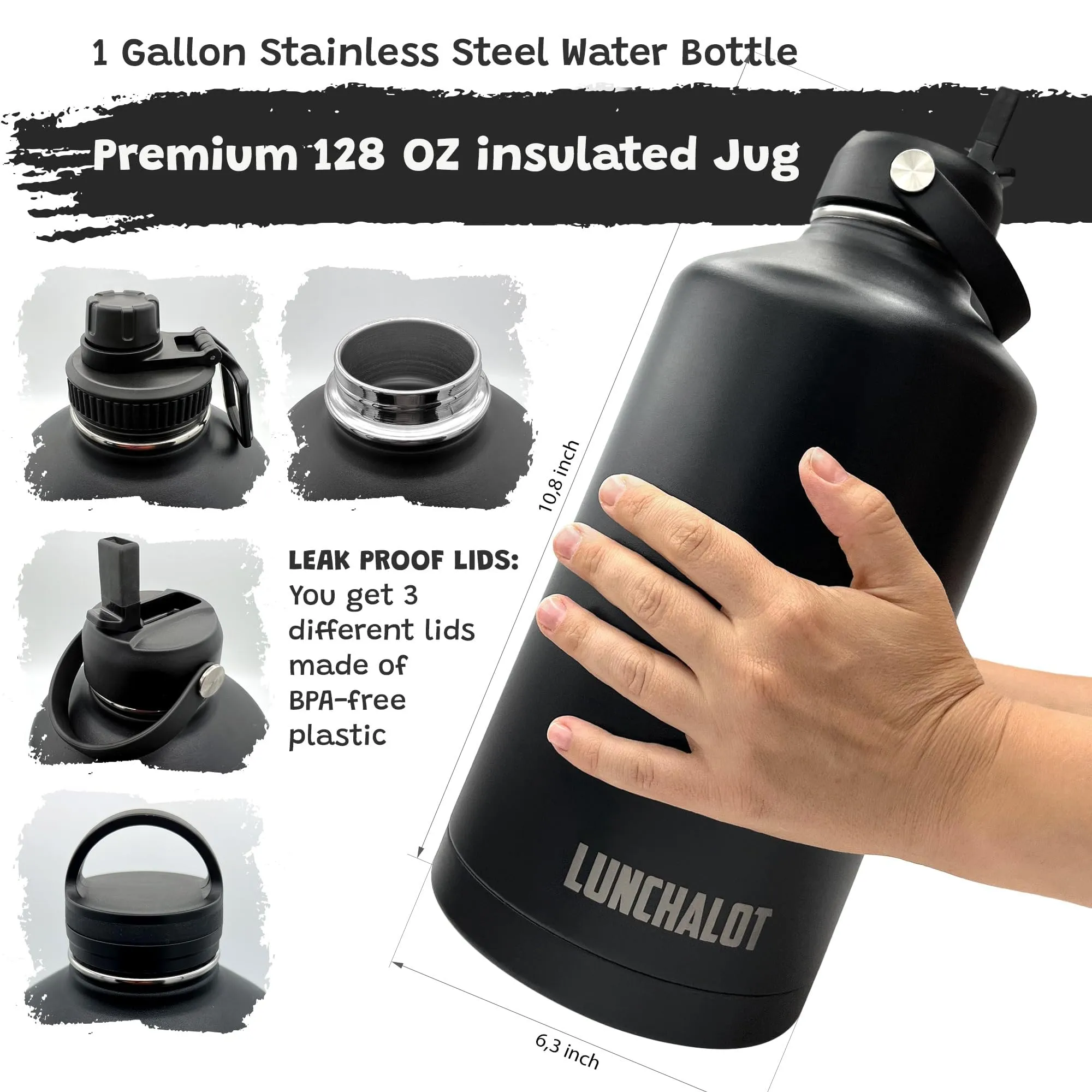 1 Gallon Water Bottle Insulated - 128 Oz Stainless Steel Metal Water Jug with Holder - | Carrying Bag | Spout Handle | Straw Lids | Keep Cold & Hot | - Black Tactical Flask for Travel Hiking Sport