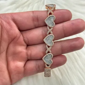 10K Rose Gold Xoxo Heart Bracelet 3.66Ct Dia / 28.1gr / 12.3mm / 7in