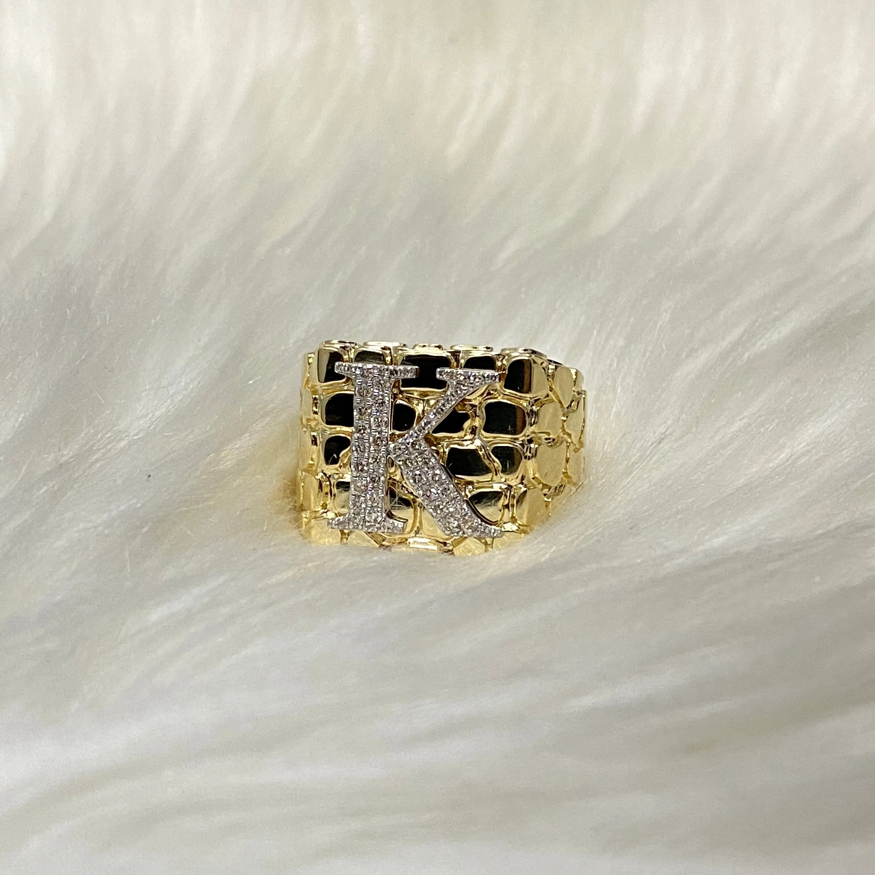 10K Yellow Gold Nugget Letter K Ring 0.48Ct Dia / 13gr / Size 11