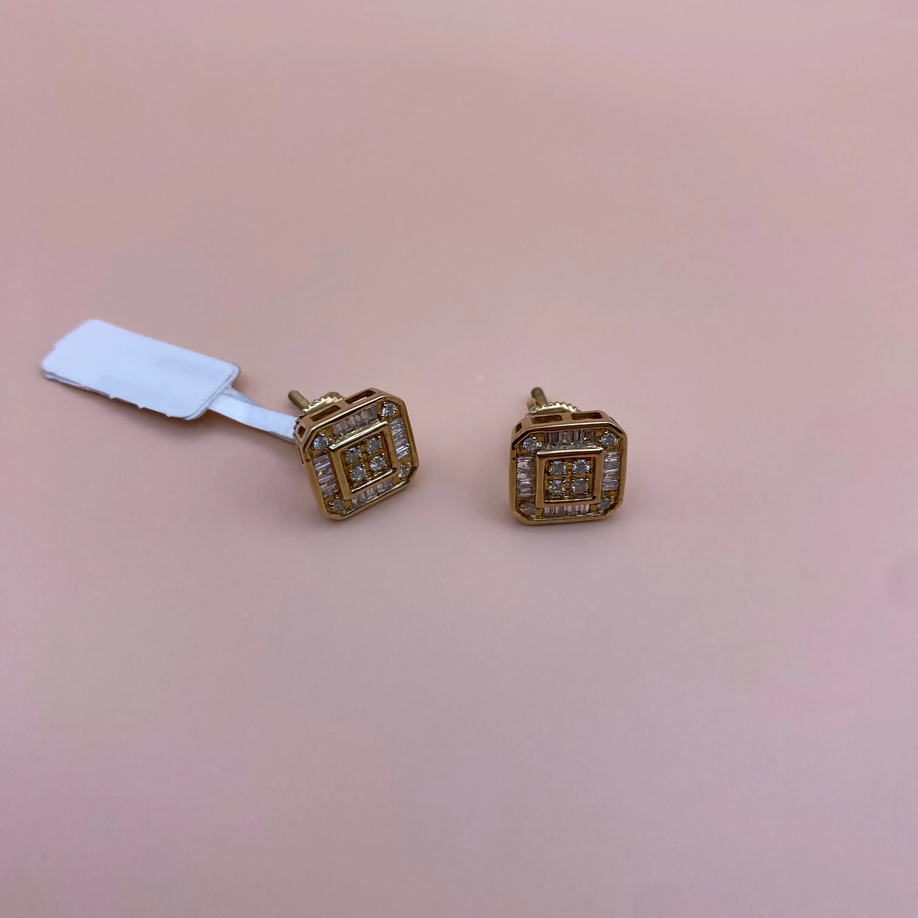 10K Yellow Gold Square Diamond Stud Earrings 0.44Ct / 2.8gr