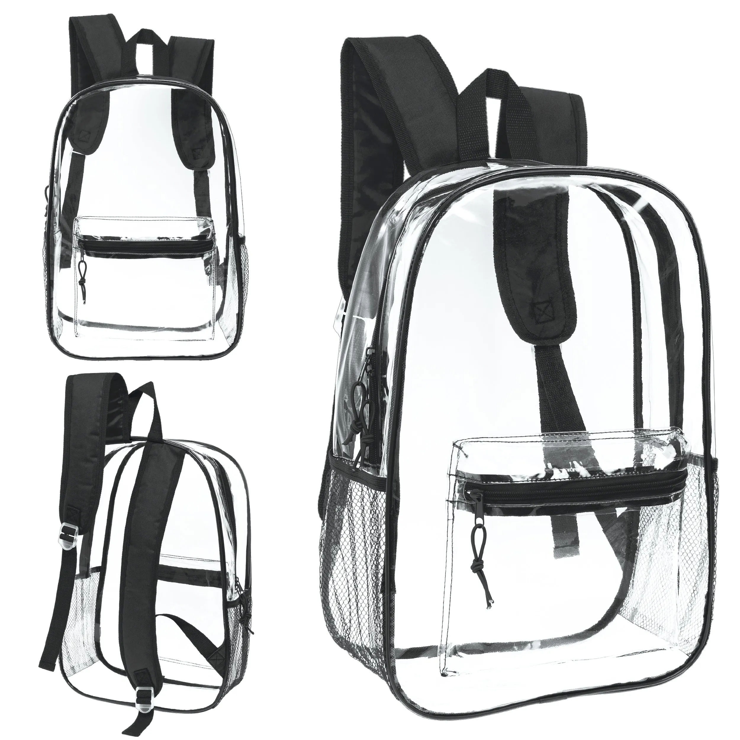 12 Wholesale 17" Clear backpacks with Black Trim & 12 Bulk School Supply Kits of Your Choice