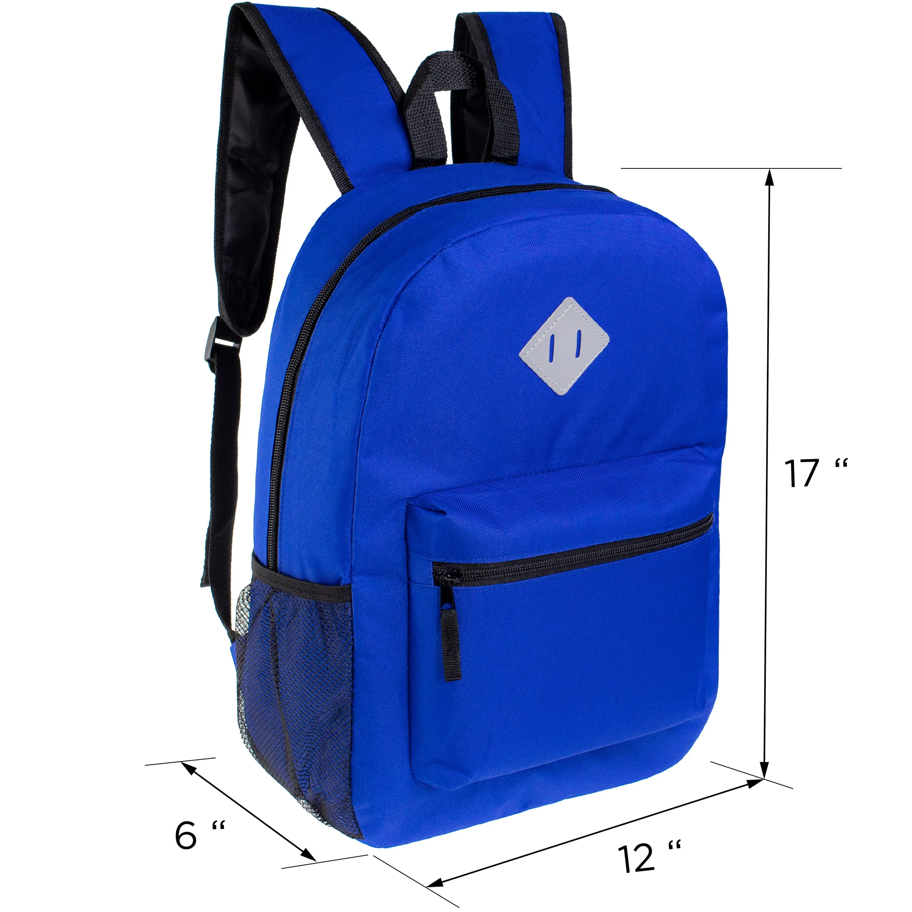 12 Wholesale 17" Diamond Patch Backpack in Assorted Colors & 12 Bulk School Supply Kits of Your Choice