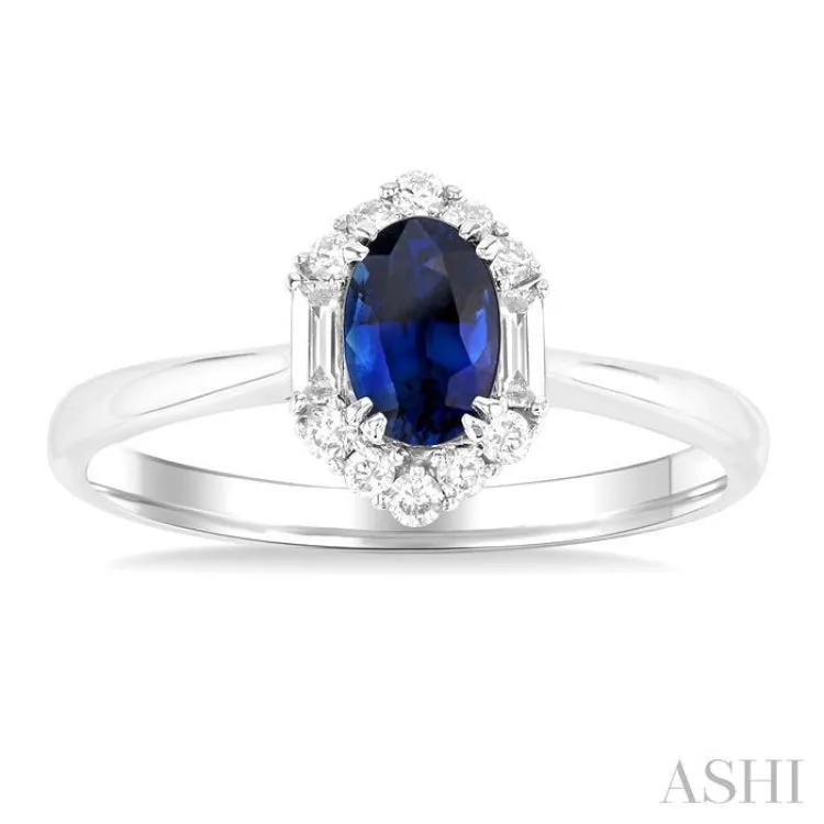 1/5 ctw Hexagon Shape 6X4MM Oval Cut Sapphire & Baguette and Round Cut Diamond Halo Precious Ring in 10K White Gold