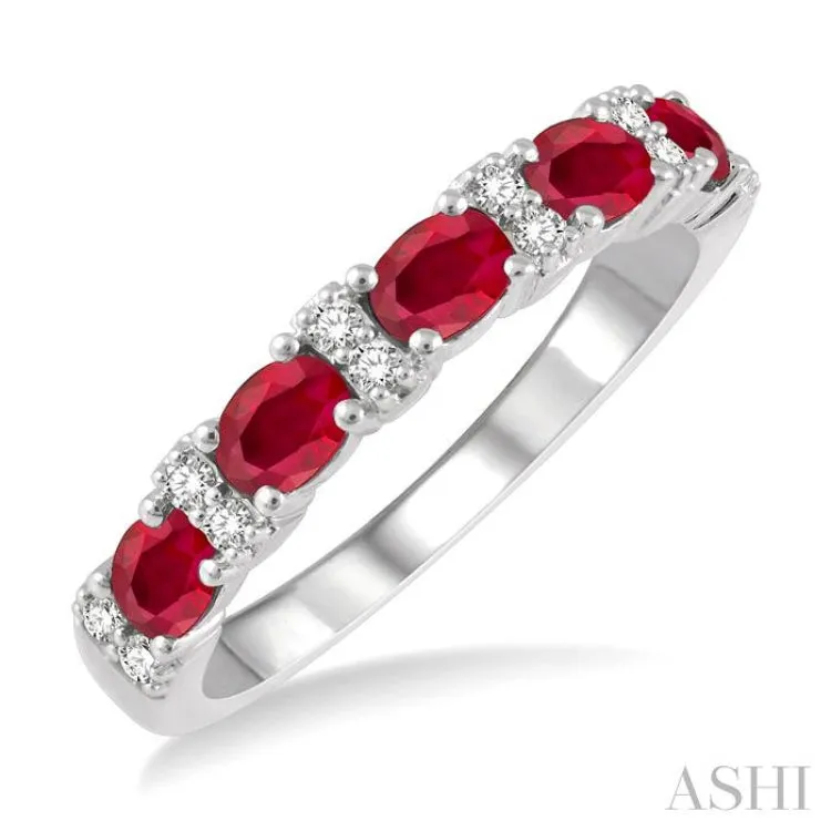 1/6 Ctw Oval Shape 4x3MM Ruby and Round Cut Diamond Precious Band in 14K White Gold