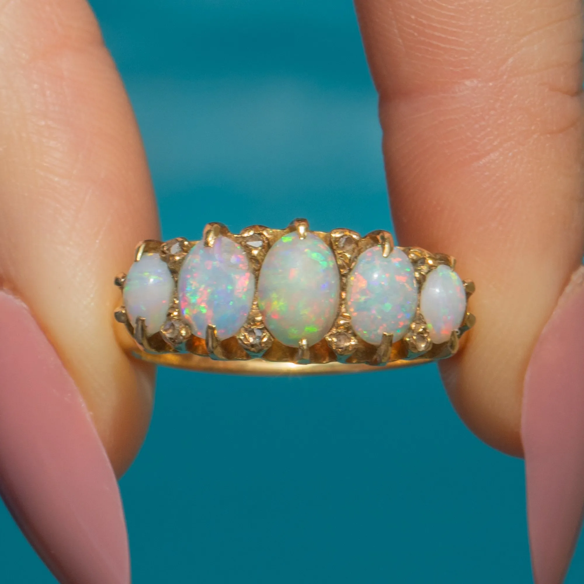 18ct Gold Opal Diamond Five Stone Ring, 1.70ct Opal