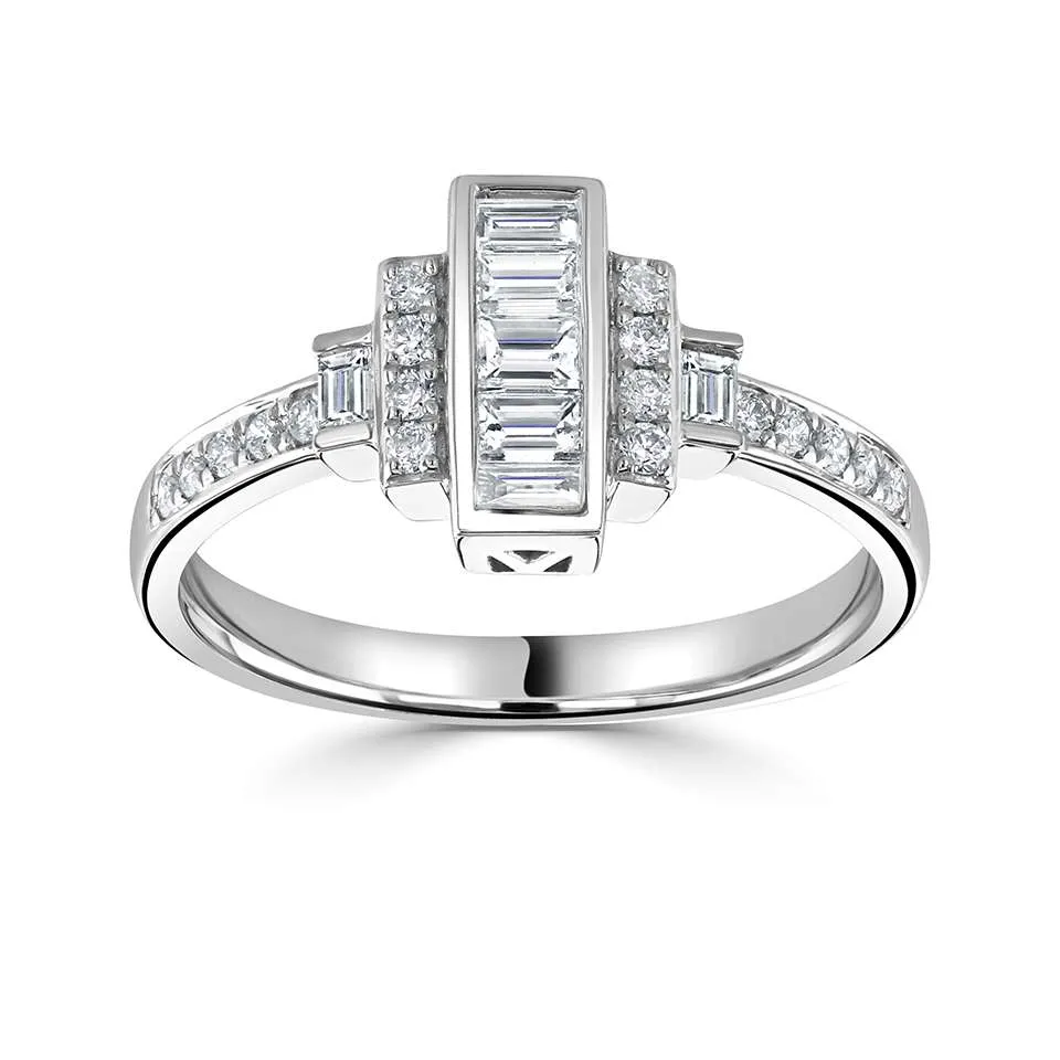 18ct White Gold 0.46ct Baguette And Round Brilliant Cut Diamond Fancy Ring