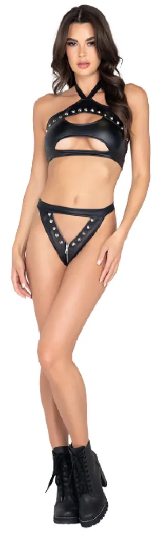 2 Piece Studded Faux Leather Set - Black 3975