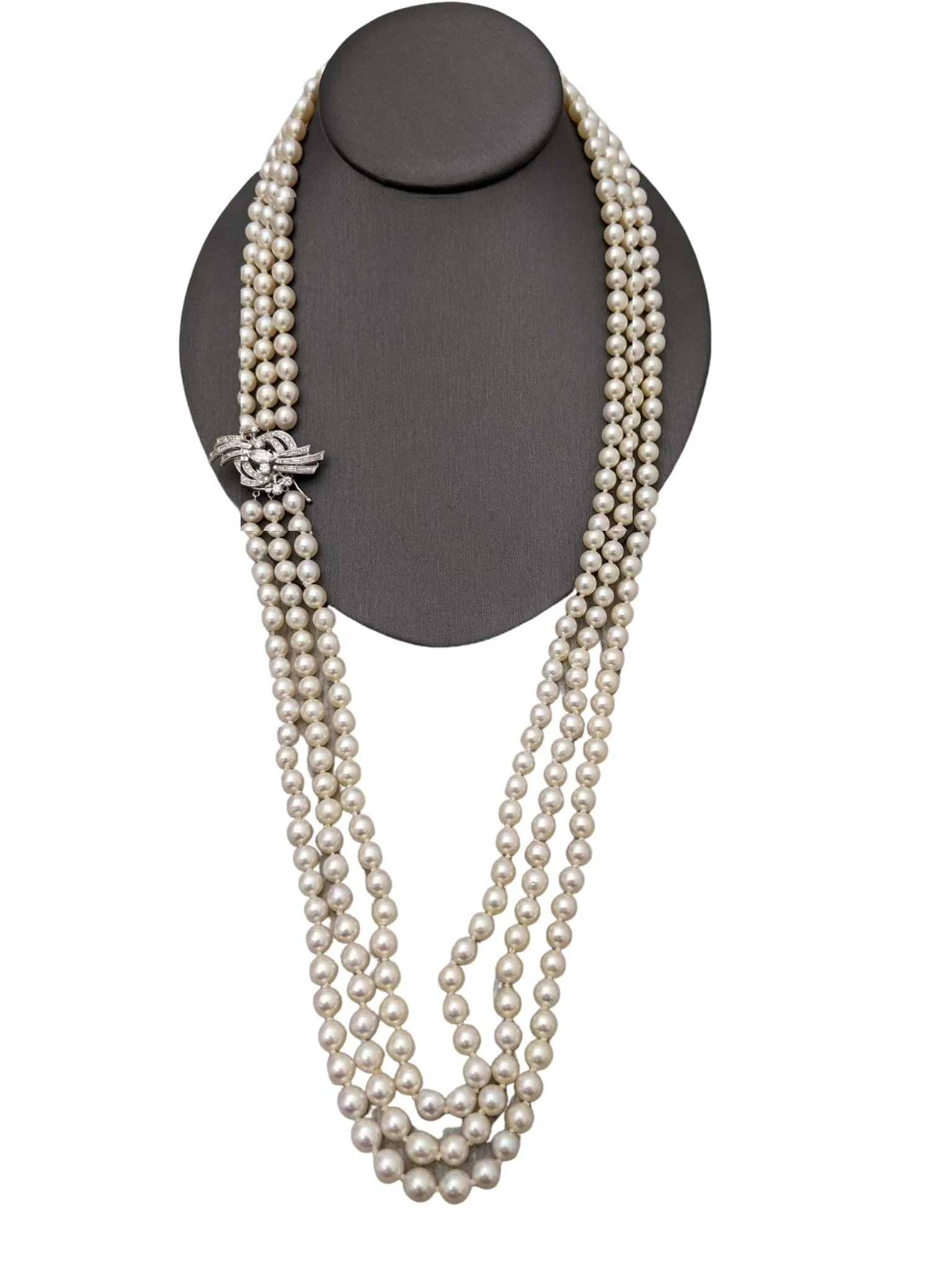 30" three-strand cultured pearl necklace with white gold and diamond clasp