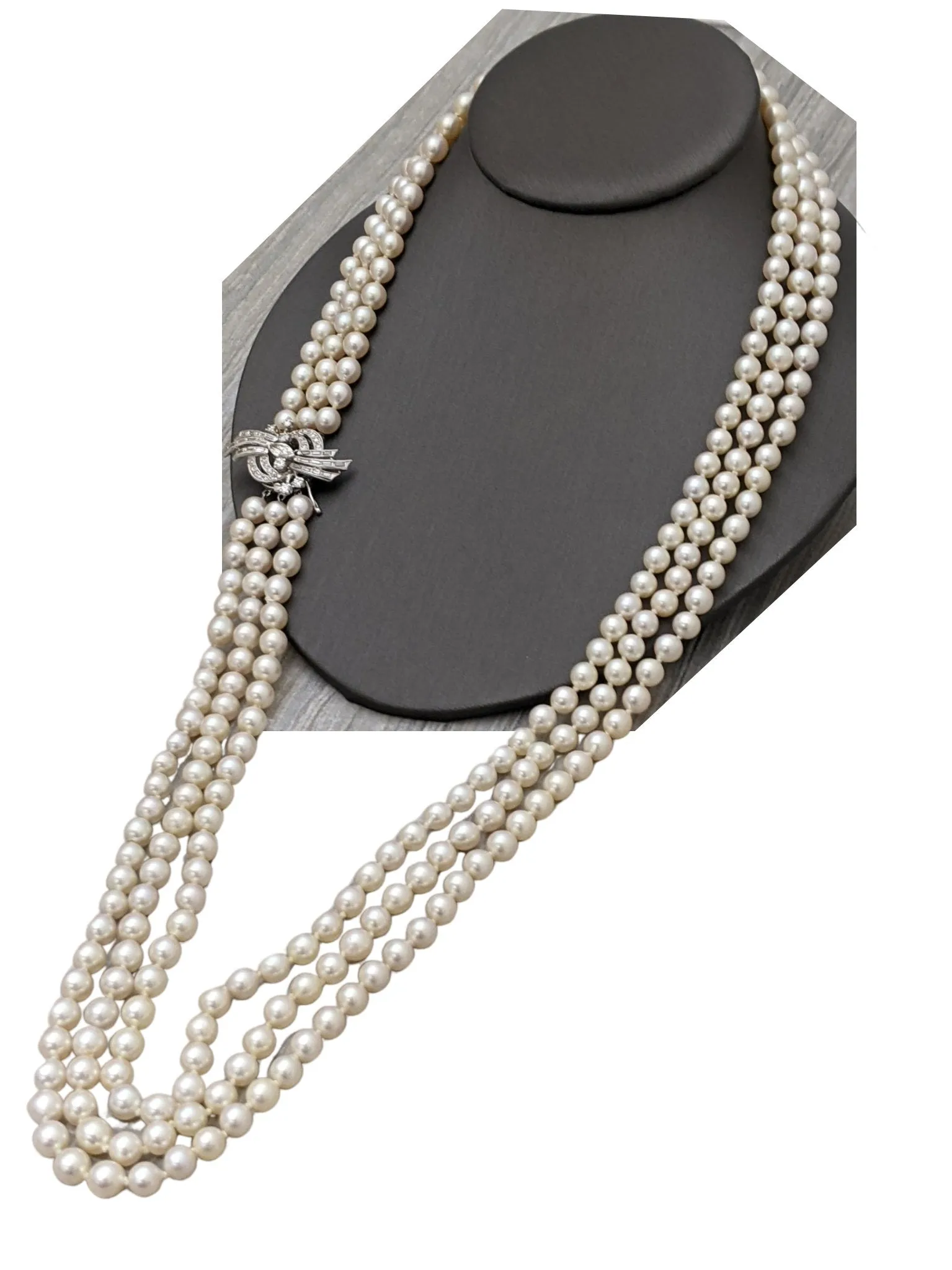 30" three-strand cultured pearl necklace with white gold and diamond clasp