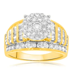 9ct Yellow Gold 2 Carat Diamond Ring set with 53 Brilliant and 44 Taperd Diamonds