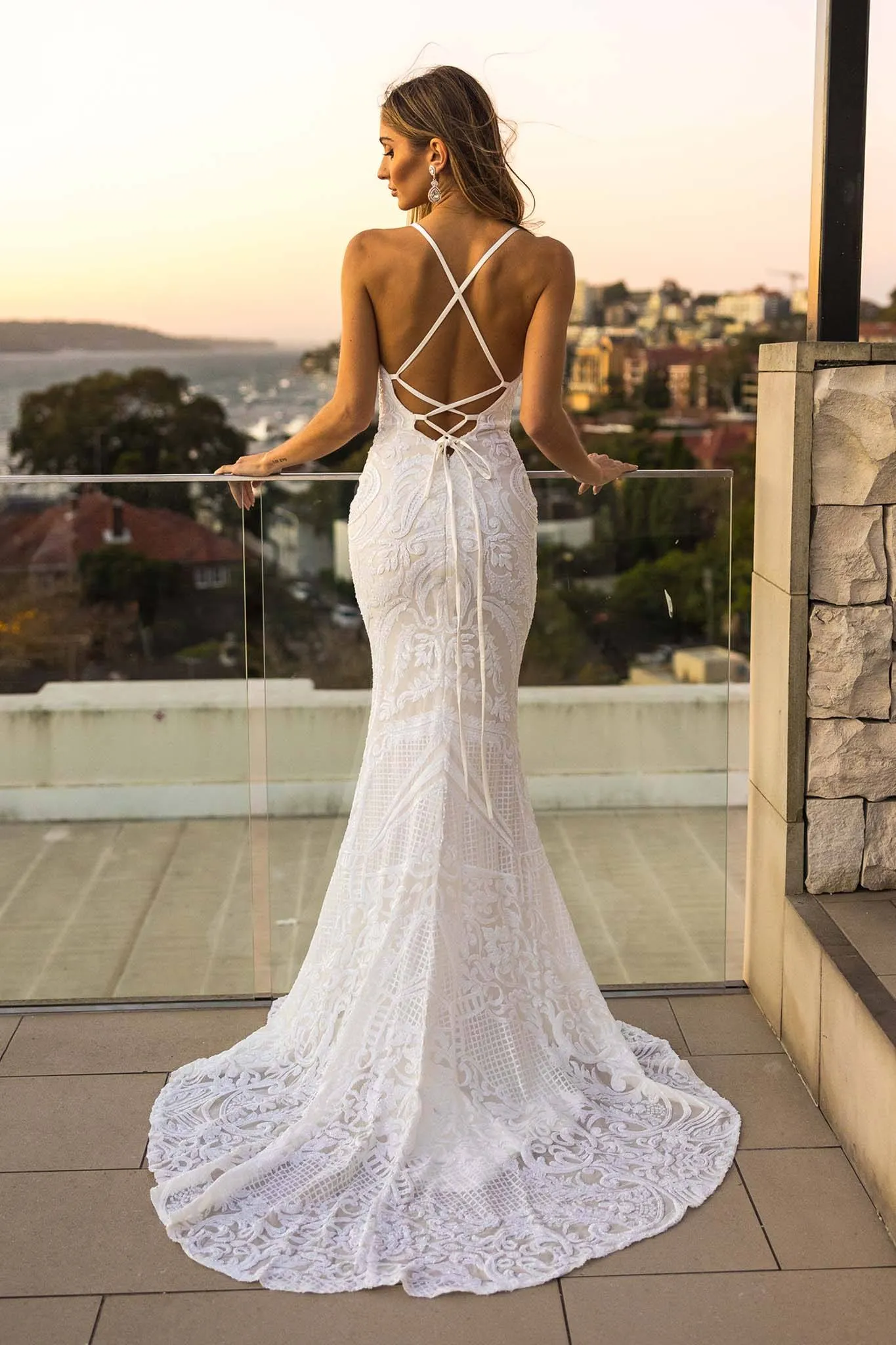 AMIYA Lace Up Back Pattern Sequin Gown - White