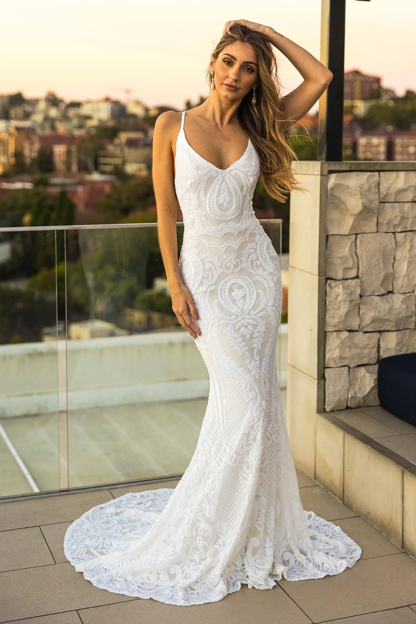 AMIYA Lace Up Back Pattern Sequin Gown - White