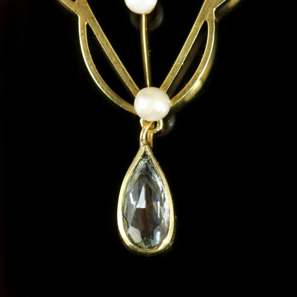 Antique Aquamarine Pearl Gold Pendant 15Ct Gold