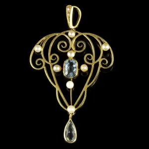 Antique Aquamarine Pearl Gold Pendant 15Ct Gold