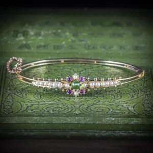 Antique Edwardian Suffragette Bangle Amethyst Peridot Pearl 15Ct Gold Circa 1910