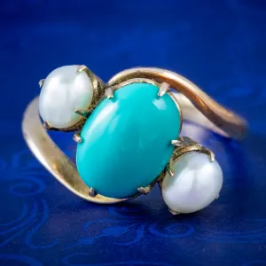 Antique Edwardian Turquoise Pearl Trilogy Twist Ring