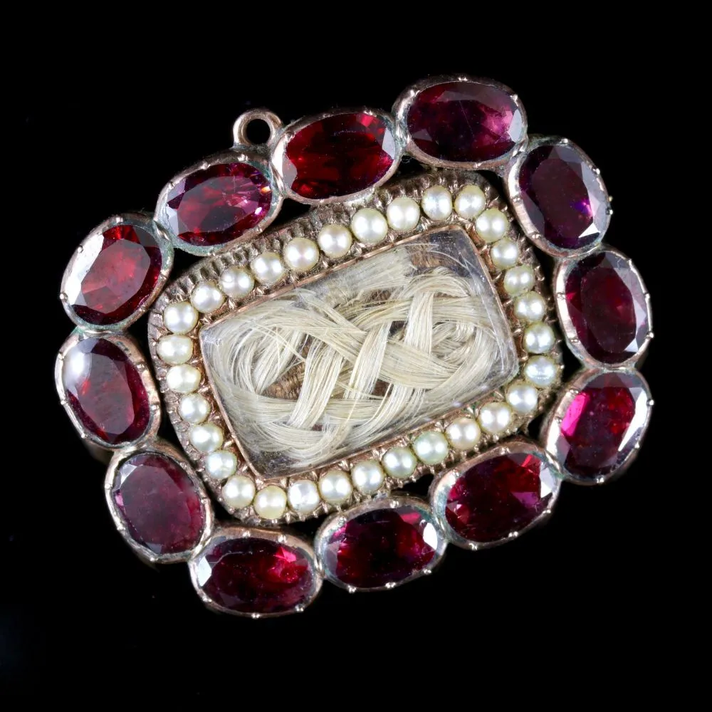 Antique Georgian Garnet Pearl Mourning Brooch 18ct Circa 1800