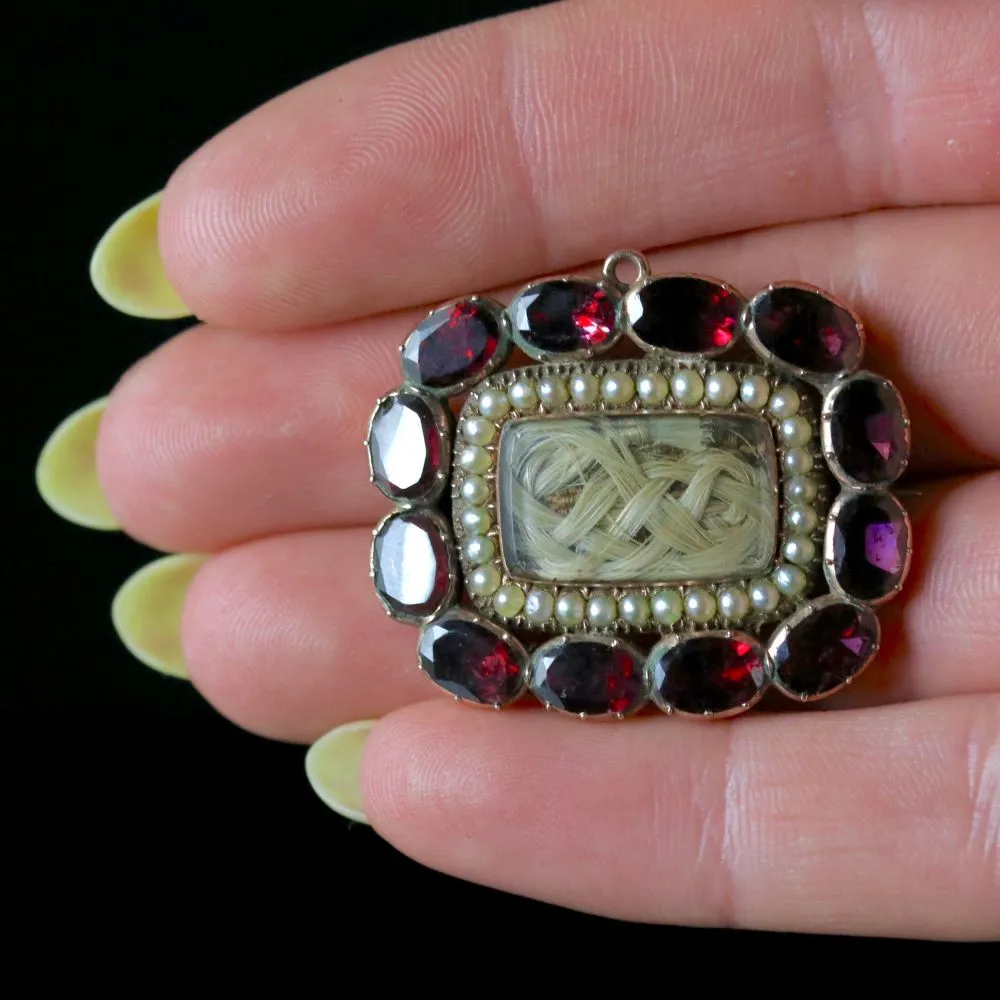 Antique Georgian Garnet Pearl Mourning Brooch 18ct Circa 1800