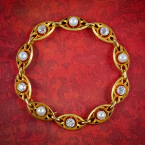 Antique Victorian Art Nouveau French Diamond Pearl Bracelet 18ct Gold 3ct Of Diamond