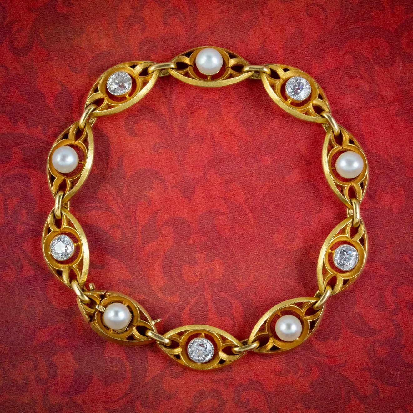 Antique Victorian Art Nouveau French Diamond Pearl Bracelet 18ct Gold 3ct Of Diamond