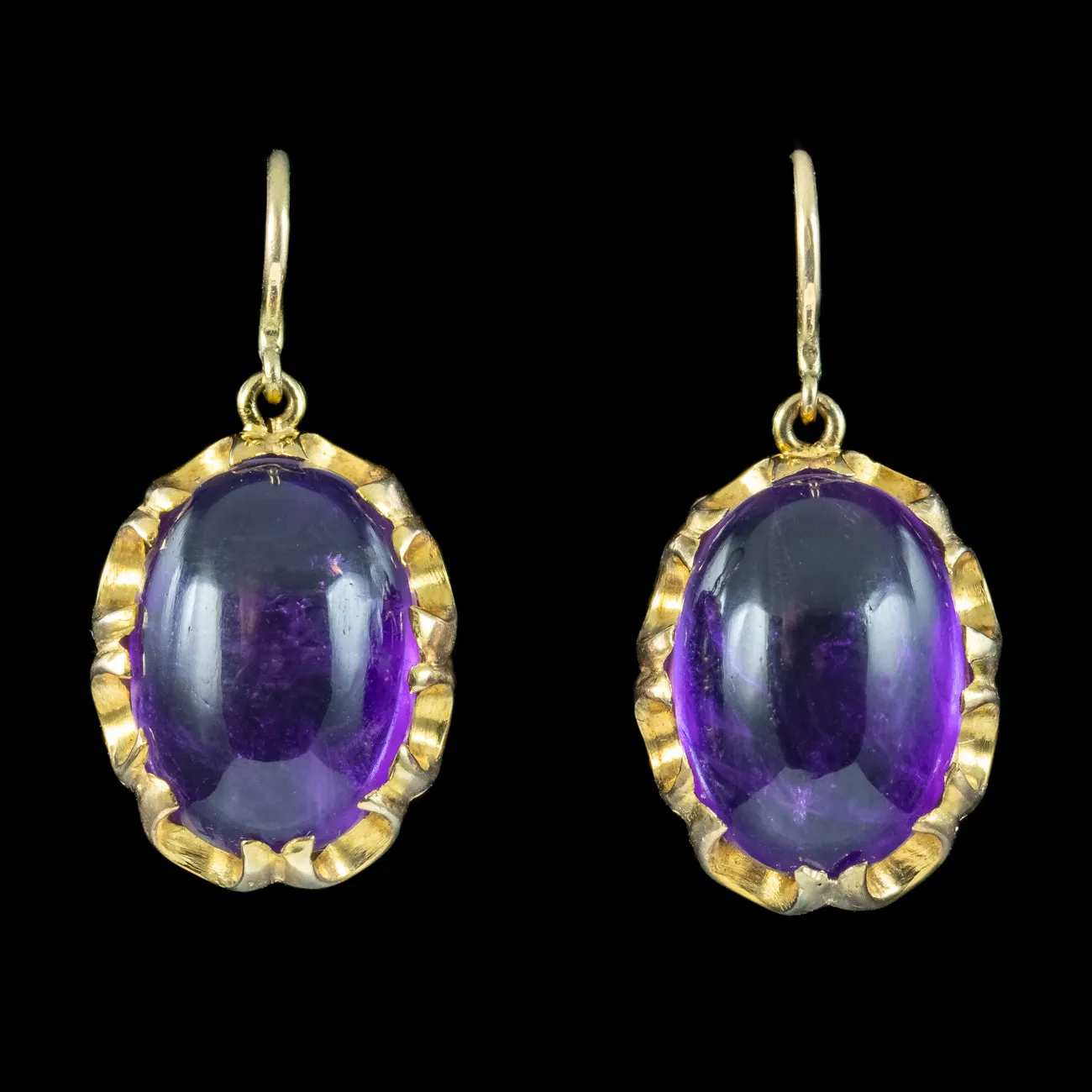 Antique Victorian Cabochon Amethyst Drop Earrings 18ct Gold