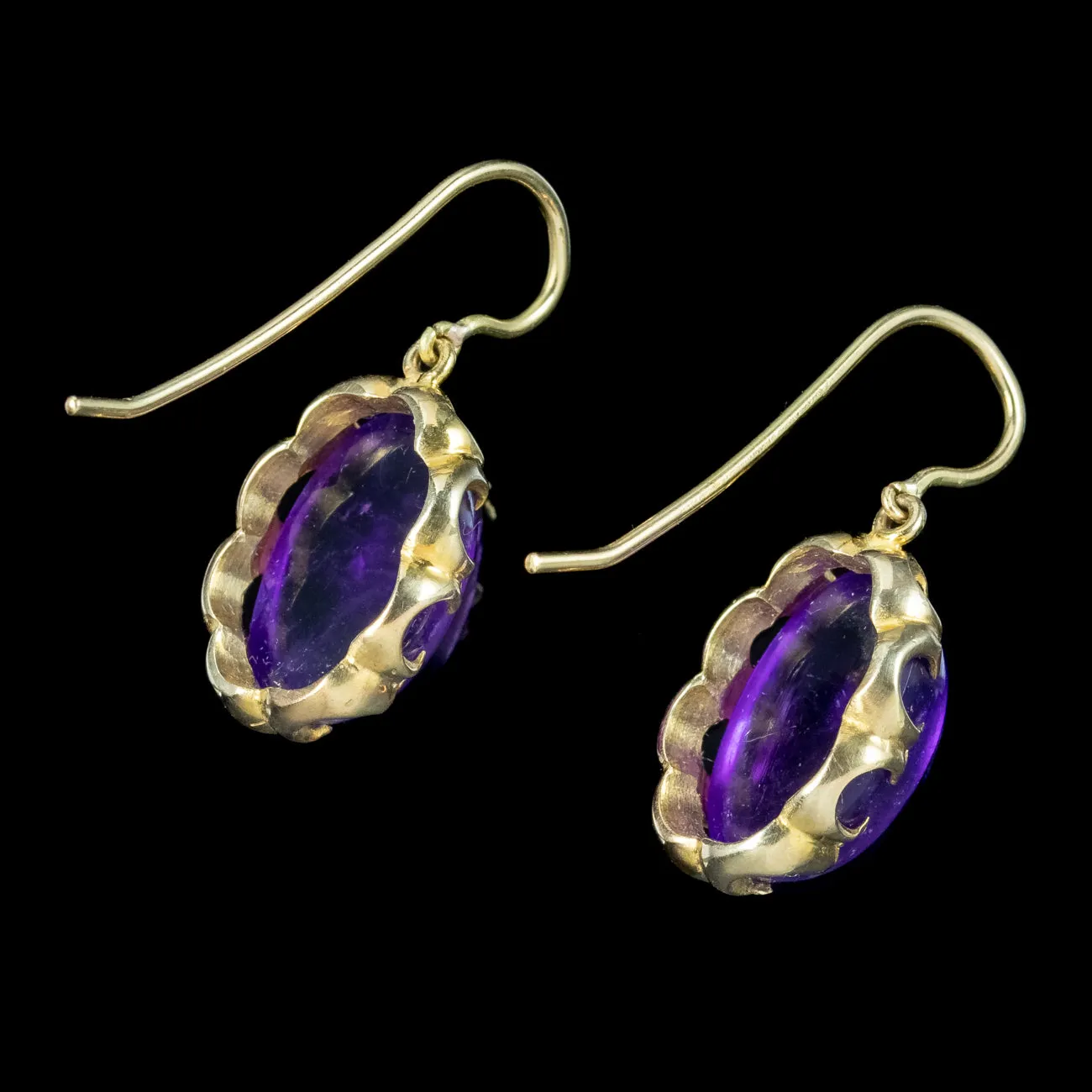 Antique Victorian Cabochon Amethyst Drop Earrings 18ct Gold