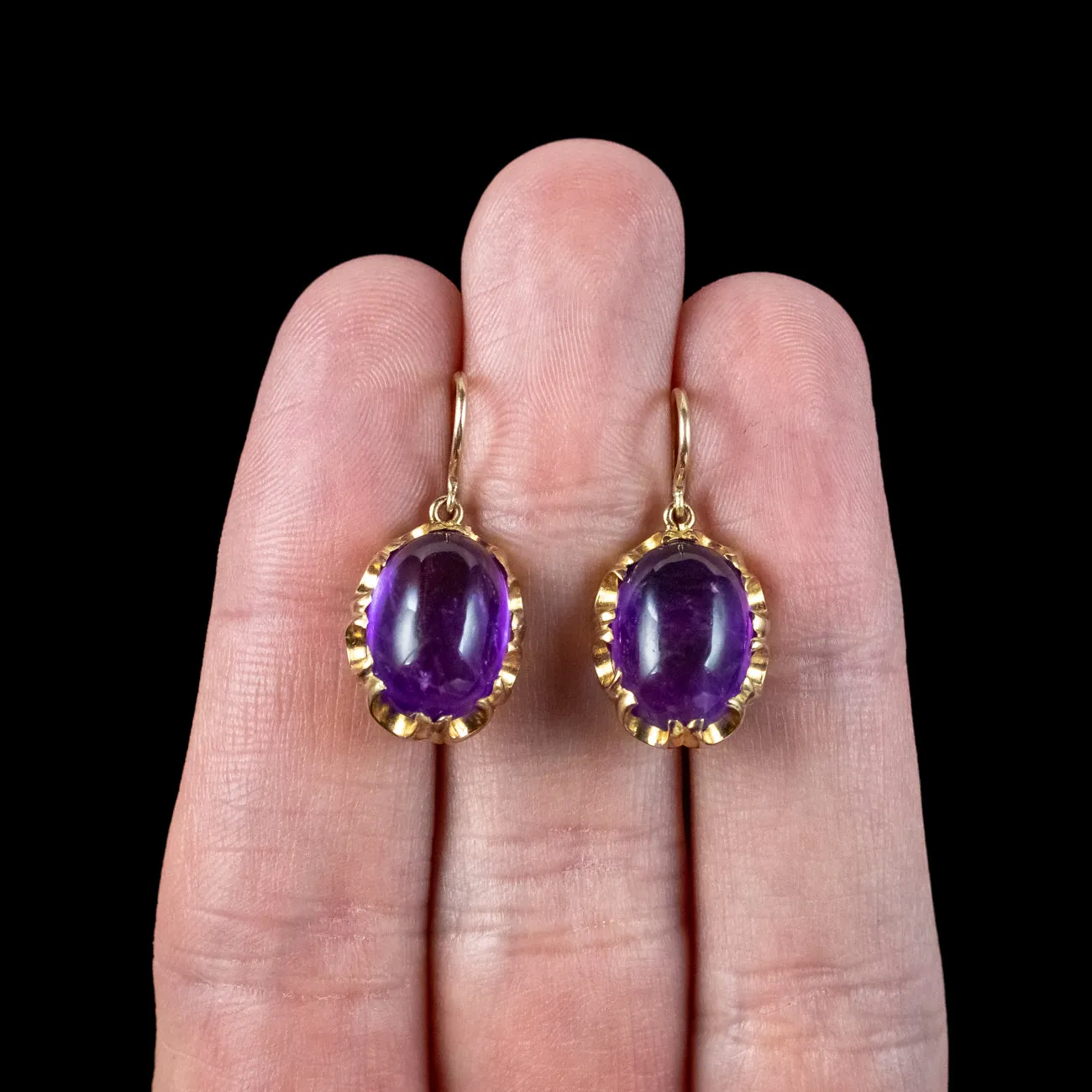 Antique Victorian Cabochon Amethyst Drop Earrings 18ct Gold