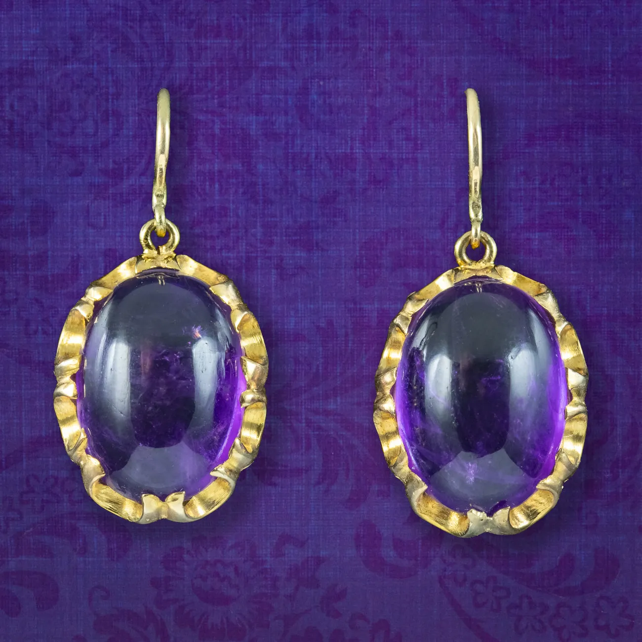 Antique Victorian Cabochon Amethyst Drop Earrings 18ct Gold