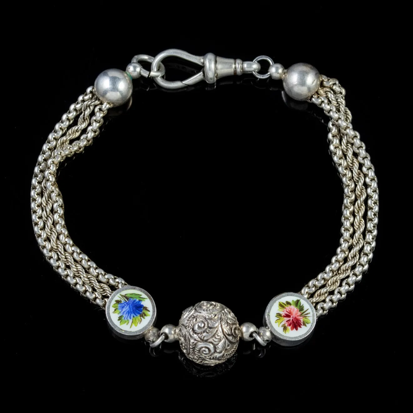 Antique Victorian Enamel Flower Albertina Bracelet Silver Circa 1890