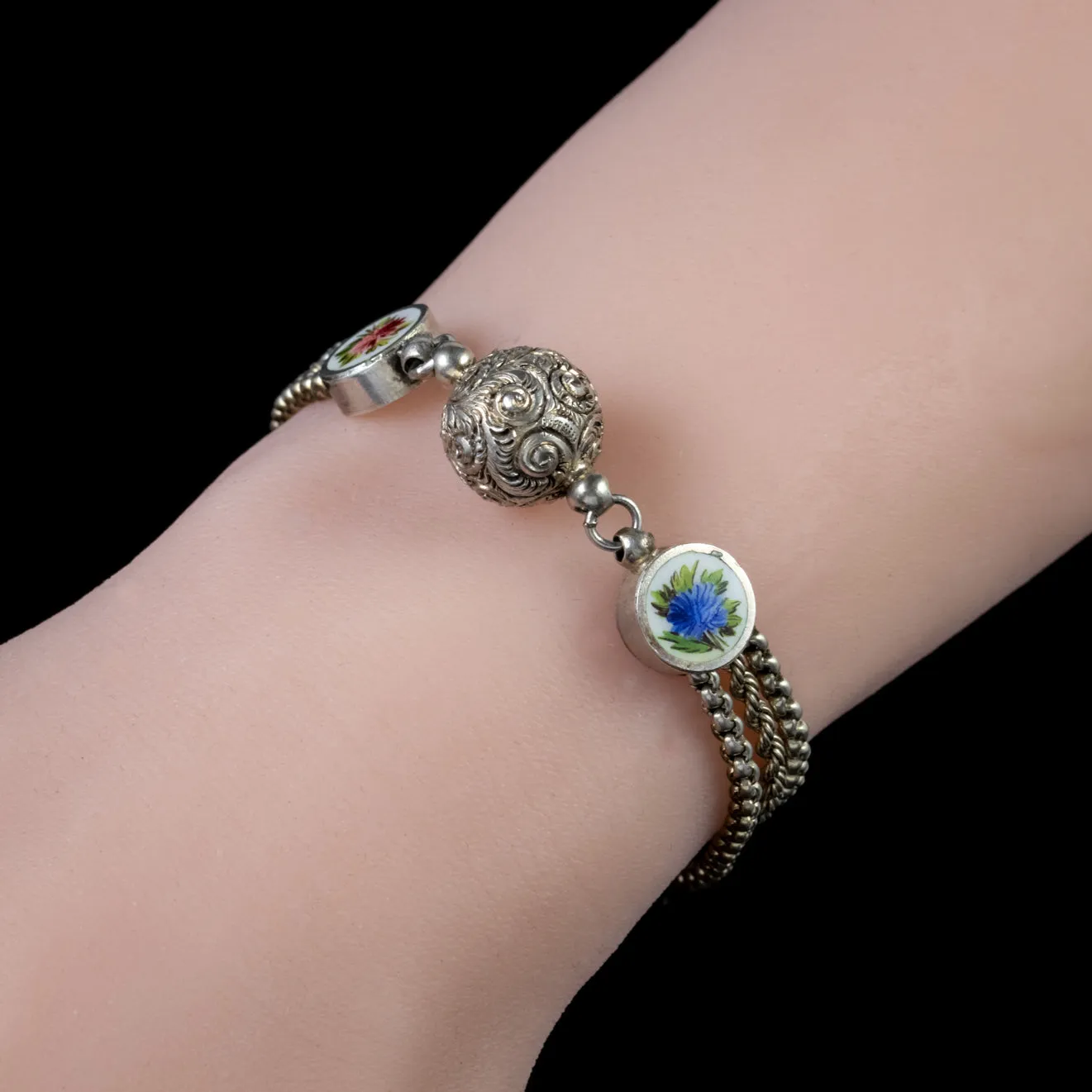 Antique Victorian Enamel Flower Albertina Bracelet Silver Circa 1890