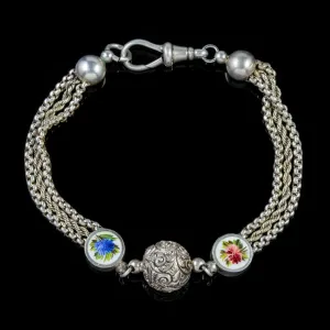 Antique Victorian Enamel Flower Albertina Bracelet Silver Circa 1890