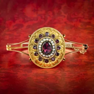 Antique Victorian Etruscan Garnet Pearl Bangle 18ct Gold