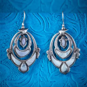 Antique Victorian Scottish Montrose Agate Earrings Silver Circa 1860