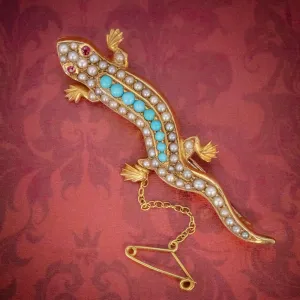 Antique Victorian Turquoise Pearl Salamander Brooch 15Ct Gold Circa 1890