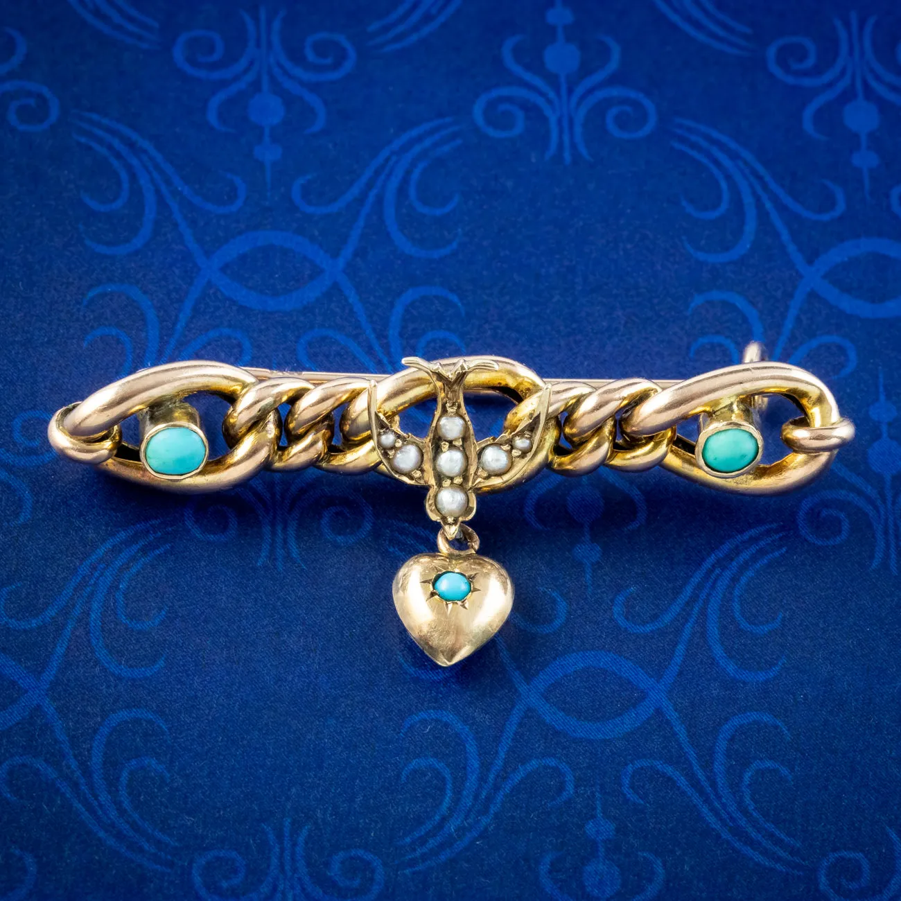 Antique Victorian Turquoise Pearl Swallow Heart Brooch 9ct Gold