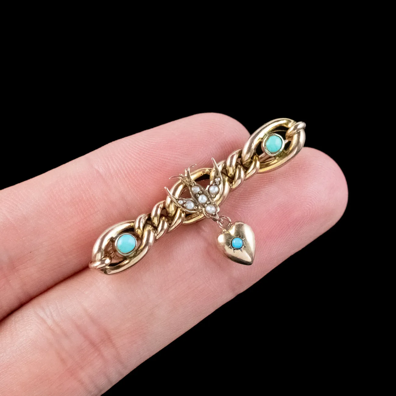 Antique Victorian Turquoise Pearl Swallow Heart Brooch 9ct Gold