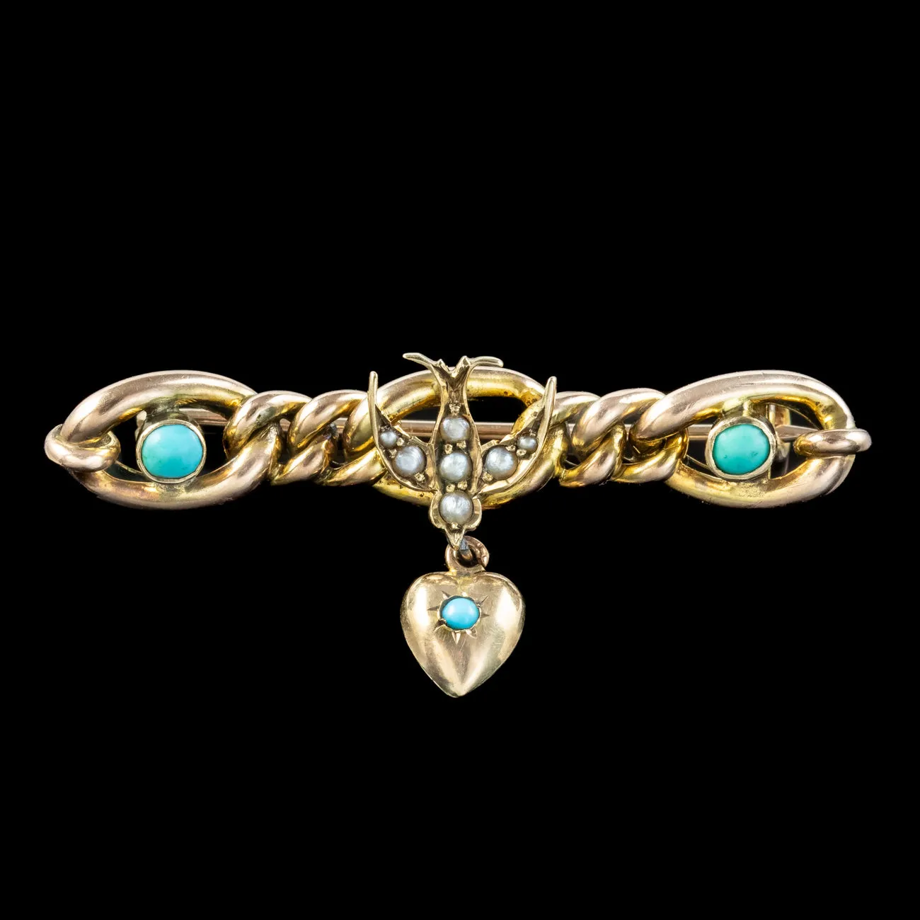 Antique Victorian Turquoise Pearl Swallow Heart Brooch 9ct Gold