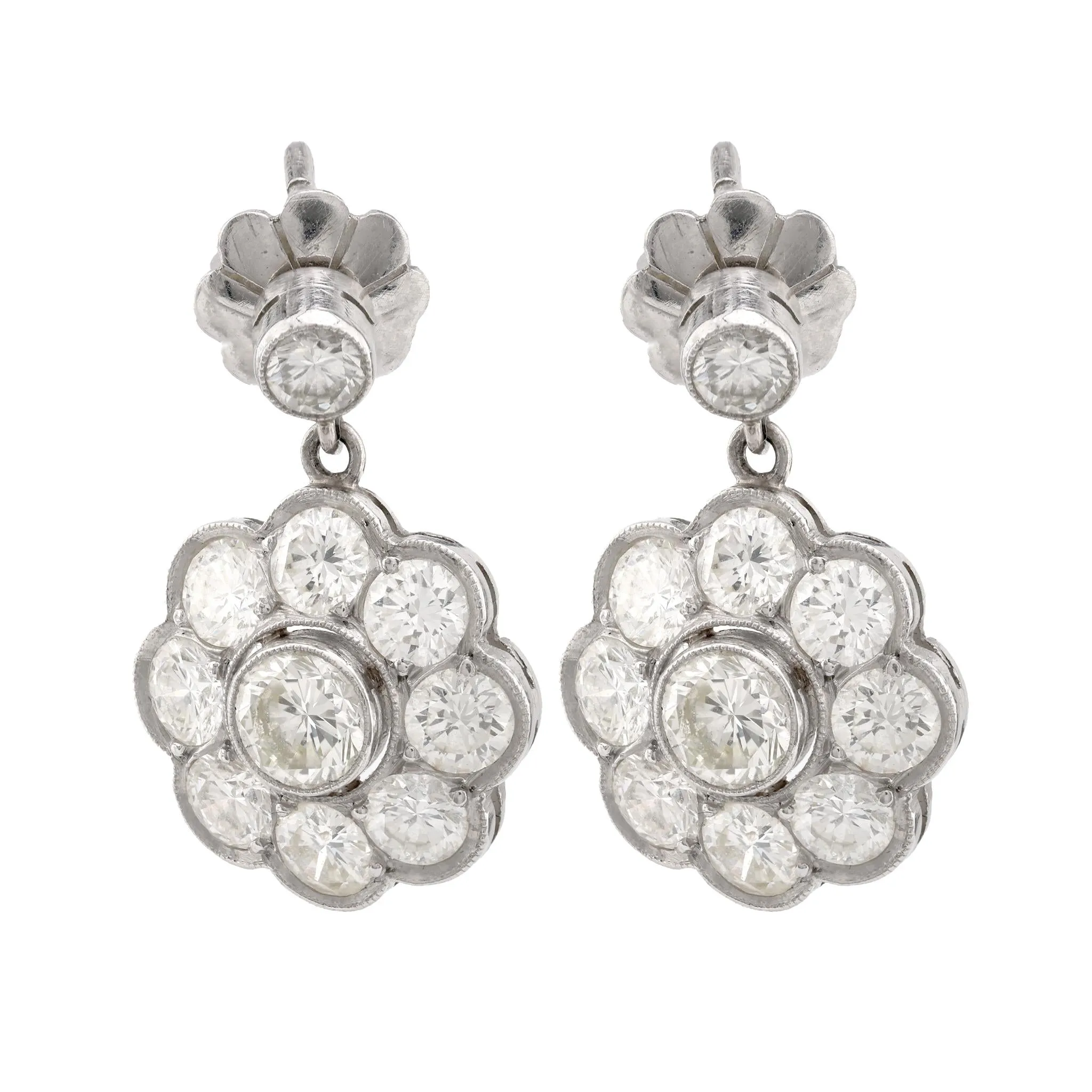 Art Deco Inspired 3 Carat Round Brilliant Diamond Platinum Cluster Earrings