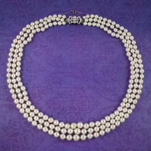 Art Deco Triple Strand Pearl Necklace Platinum Diamond Clasp