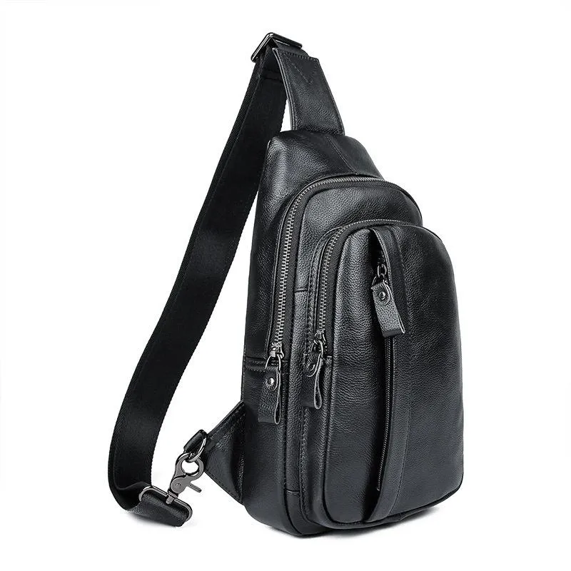 Badass Black Leather Backpack Men's 8-inch Sling Bag Chest Bag One shoulder Backpack Sports Bag For Men