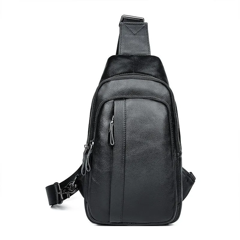 Badass Black Leather Backpack Men's 8-inch Sling Bag Chest Bag One shoulder Backpack Sports Bag For Men