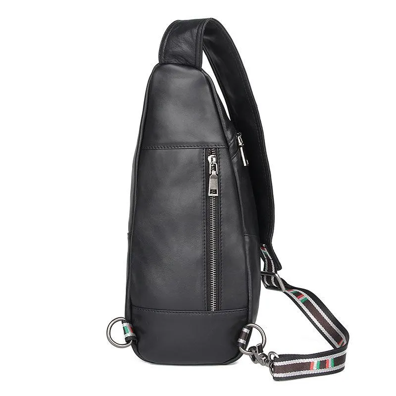 Badass Black Leather Men's 8 inches Sling Bag Chest Bag One shoulder Backpack Sling Backpack For Men