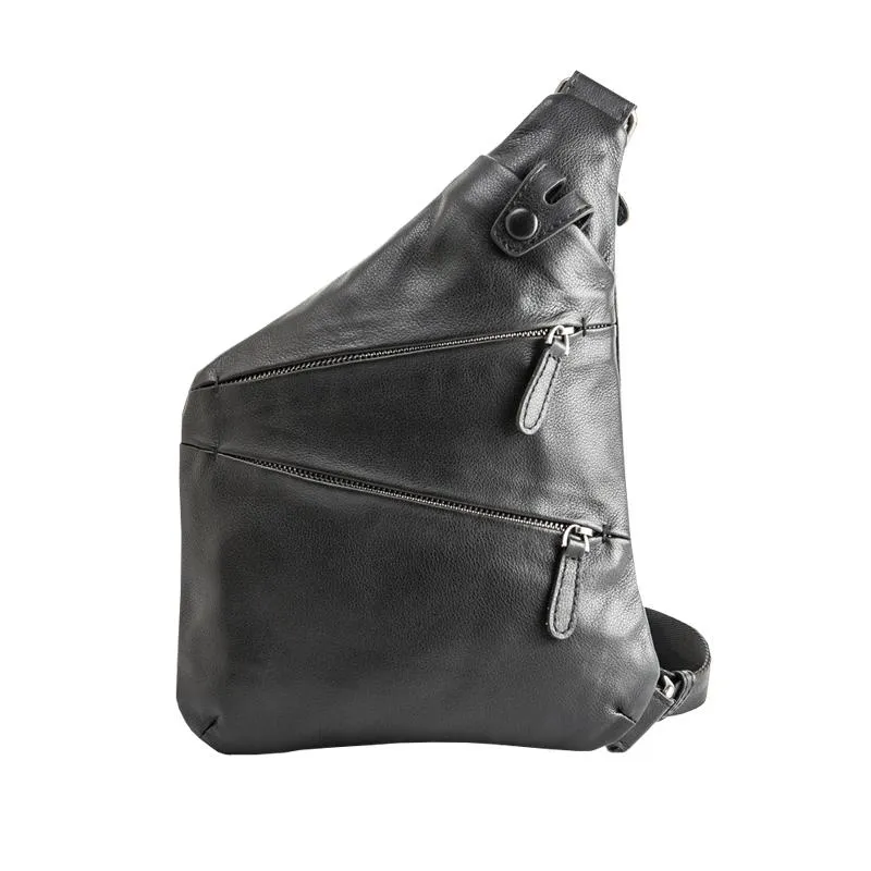 Badass Black Leather Men's Sling Bag Chest Bag Black One shoulder Backpack Bundy Bag For Men