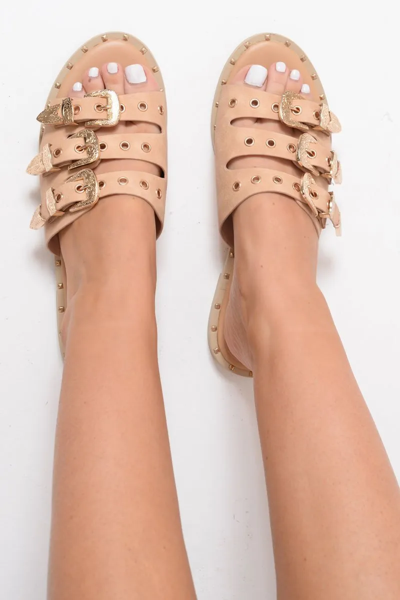 Beige Tripe Buckle Western Sliders - Raeven