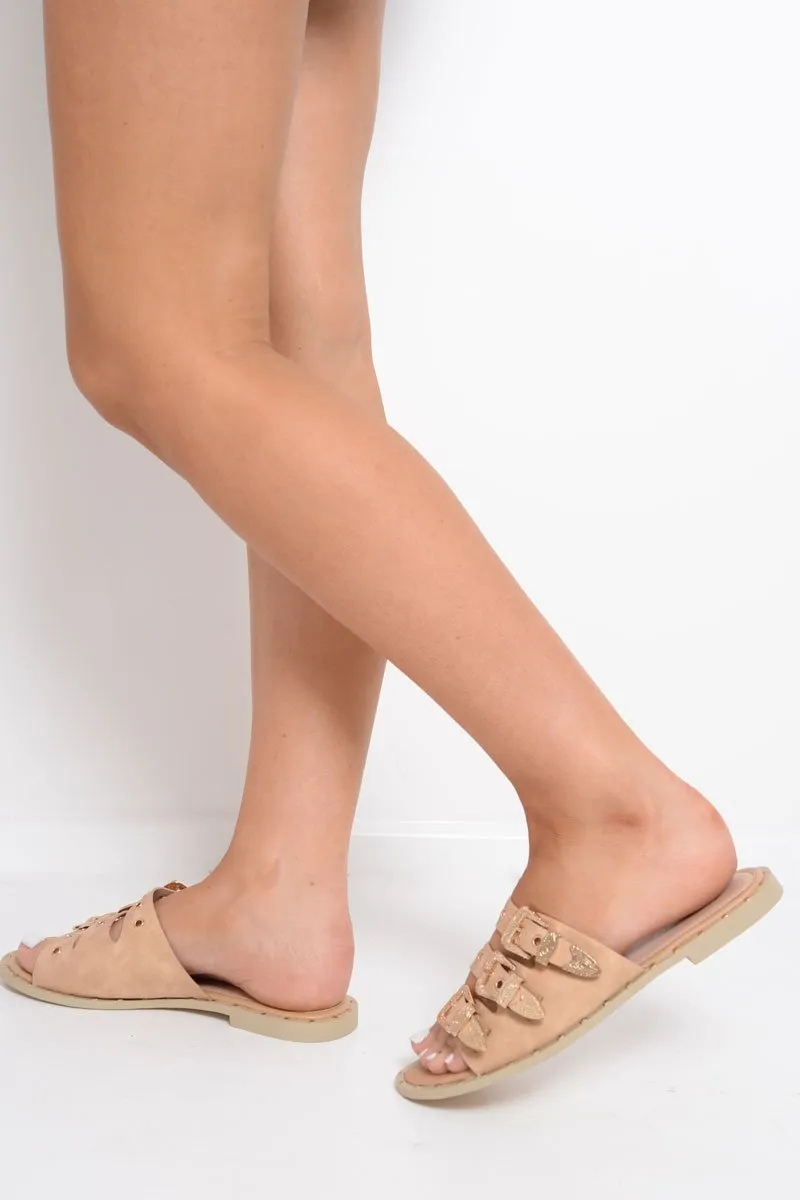 Beige Tripe Buckle Western Sliders - Raeven