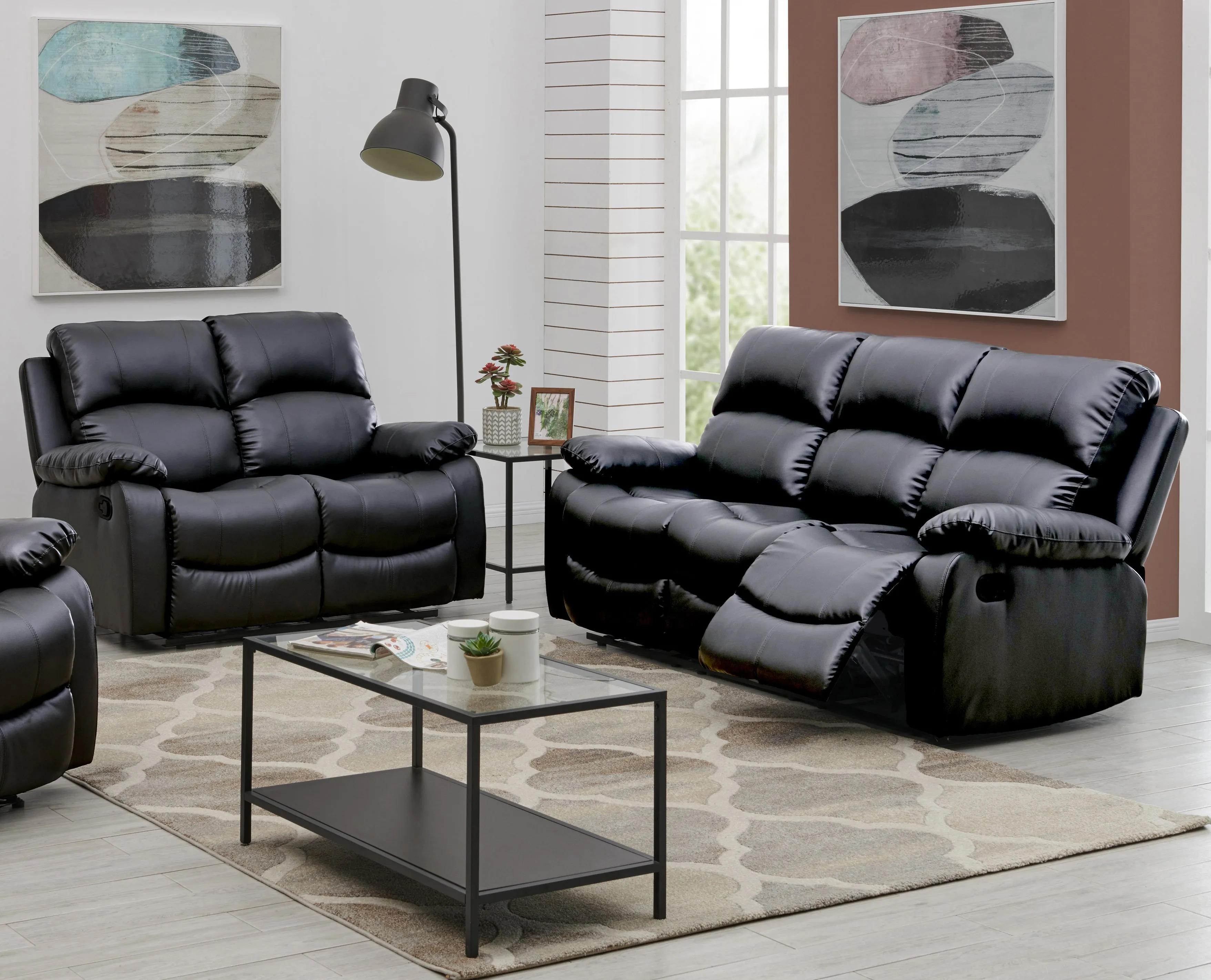 Black Faux Leather Manual Recliner Sofa Suite