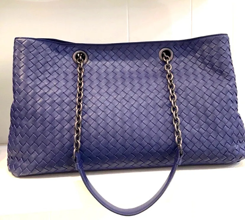 BOTTEGA VENETA INTRECCIATO LEATHER DOUBLE CHAIN TOTE ATLANTIC